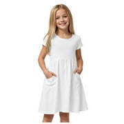 Girls Dresses Little Girls Girl 2025 Summer Boho Sun Dress Ruffled Pockets Dresses Size 4-5T (White,4-5 Years)